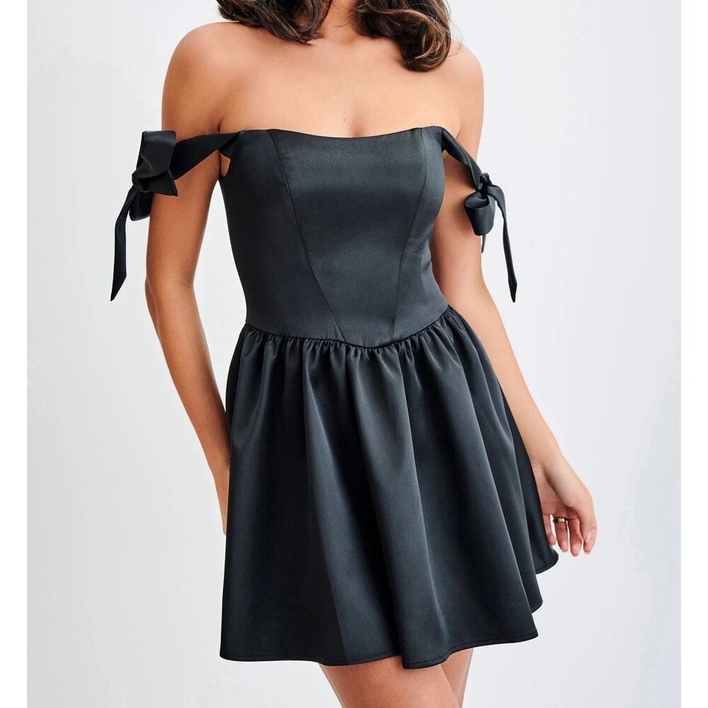 Meshki Black Off-Shoulder Mini Dress with Bow Straps